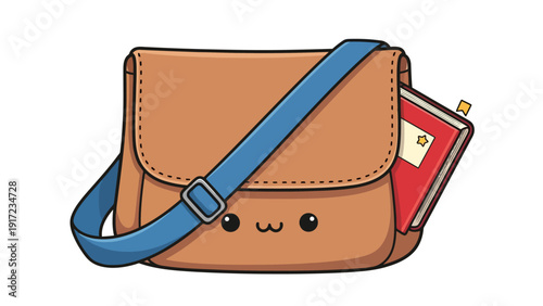 Cute anthropomorphic brown satchel with a blue strap and a red book