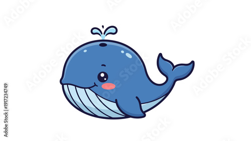Cute cartoon blue whale spouting water against a white background