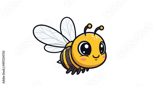 Cute cartoon bee with large eyes and black and yellow stripes flying