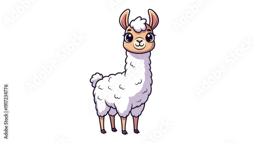 Cute cartoon llama with white fluffy wool and big eyes on a white background