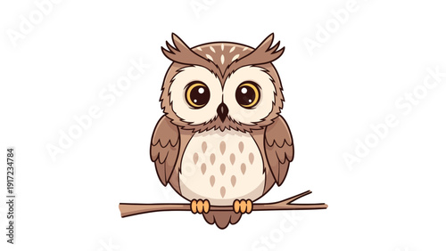 Cute cartoon owl with big eyes perched on a brown branch