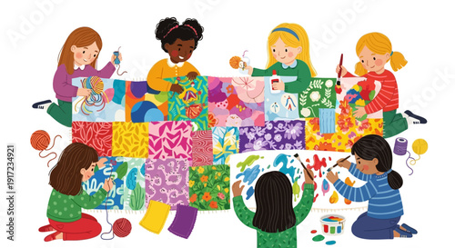 Diverse girls creating art together with colorful fabrics and paints