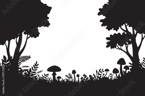 Black and white silhouette of forest with trees and mushrooms