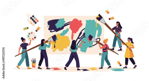 Diverse group of artists collaboratively creating vibrant painting