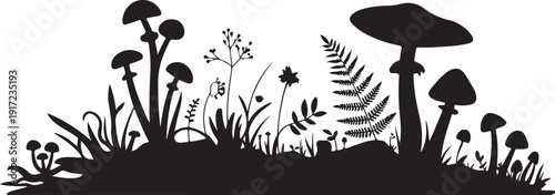 Black and white silhouette of mushrooms and ferns in a forest