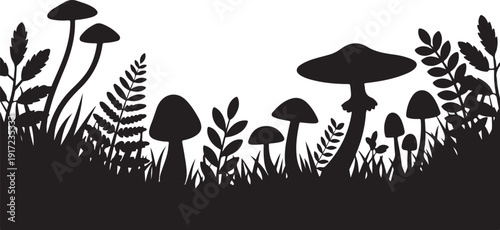 Black and white silhouette of mushrooms and ferns in a forest