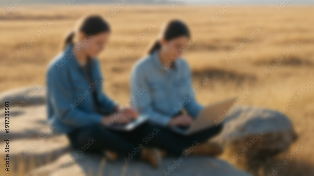Fototapeta premium Blurred background of Environmental science student analyzing environmental data on laptop outdoors, sitting on flat rock near open savanna, vast golden grassland background, late afternoon, strong.