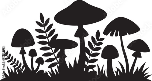 Black and white silhouette of mushrooms and plants
