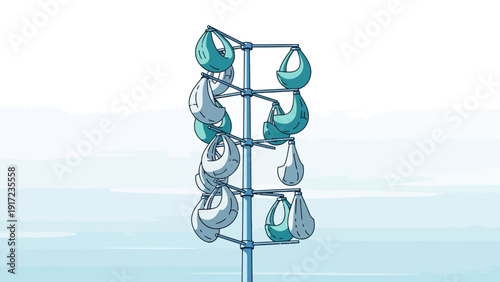 Vertical structure with hanging teardropshaped wind turbine elements against a pale sky