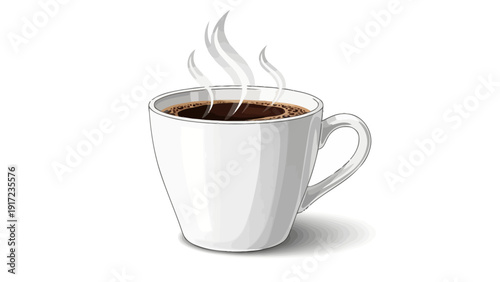 White ceramic mug filled with dark steaming coffee on a white background