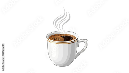 White porcelain cup of hot steaming dark coffee with gold trim