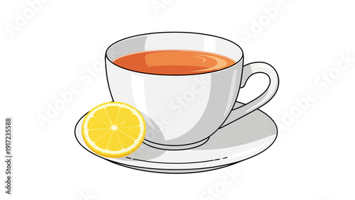 White teacup with orange tea saucer and lemon slice illustration