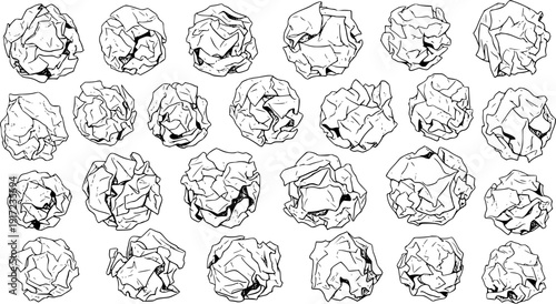 Hand-drawn seamless pattern of crumpled paper balls on a white background, featuring various wrinkled paper textures in a sketch or doodle art style, representing waste or new ideas.
