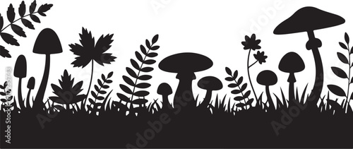 Black and white silhouette of mushrooms and plants in a forest