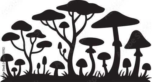 Black and white silhouette of mushrooms and trees in a forest