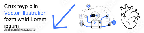 Artificial intelligence, healthcare technology, innovation, biomedical, digital connectivity, futuristic interface. A robot with connected elements and a human heart diagram. Artificial intelligence