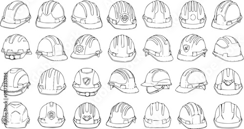 Hard Hats: Line Art Illustration of Safety Helmets for Construction  Industrial Workers