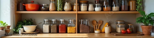A well-organized kitchen supply cabinet overflowing with various cooking utensils, spices, and pantry staples, ready for culinary adventures , meal prep, cooking, cooking utensils