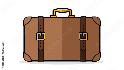 Stylized illustration of a brown vintage suitcase with two leather straps and buckles