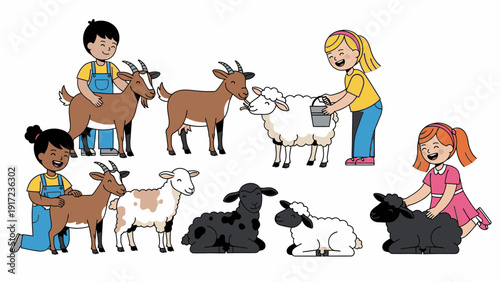 Illustration of children interacting with goats and sheep on a white background with a playful and educational mood.