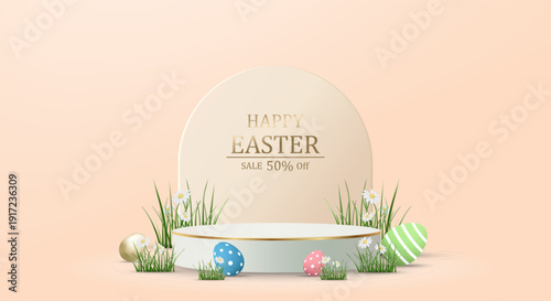3D vector illustration of circle podium product display with colorful Easter eggs and daisy flowers. Concept for spring holiday sale promotion. Happy Easter discount banner template.