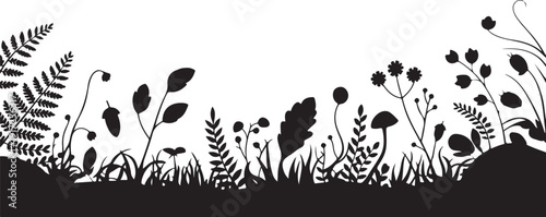 Black and white silhouette of various plants and mushrooms