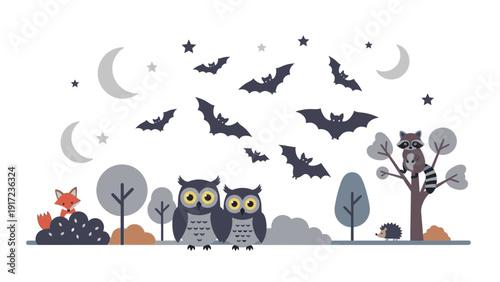 Flat illustration of two owls and a fox surrounded by bats, trees, and celestial bodies on a white background with a whimsical and mystical mood.