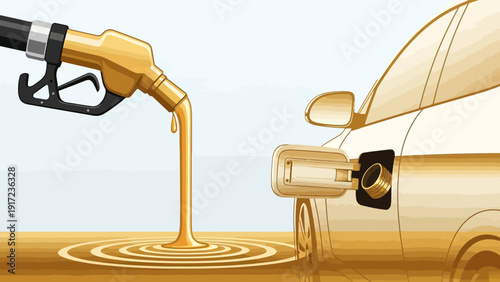 Stylized illustration of a gold liquid fueling a cars gas tank