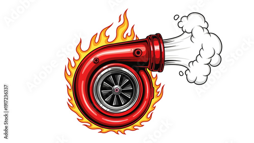 Stylized illustration of a bright red turbocharger surrounded by yellow and orange flames emitting white exhaust smoke