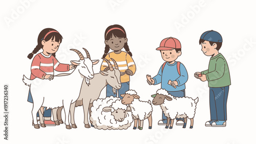 Illustration of children feeding and petting goats and sheep on a farm with a white background.
