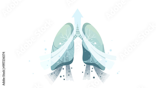 Stylized illustration of lungs showing air flowing in and out with an upward arrow