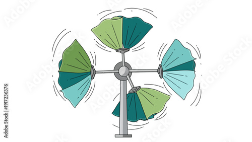 Stylized multicolored fourbladed wind turbine spinning on a central pole