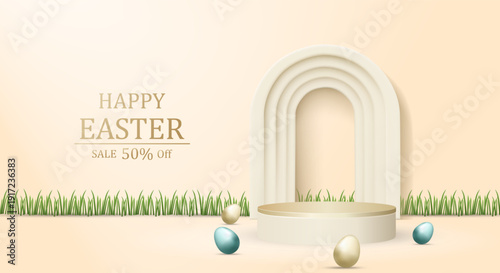 3D vector illustration of beige podium product display with Easter eggs and green grass. Concept for spring holiday sale promotion background. Happy Easter discount banner template.
