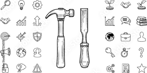 Hand-drawn Business and Tool Icons Set with Hammer and Chisel. Doodle style concept illustrations for strategy, growth, security, and ideas.