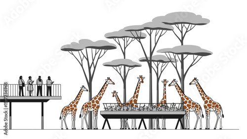 Illustration of giraffes eating from a feeding platform with people observing from a viewing platform amidst trees with umbrella-shaped canopies.