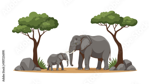 Illustration of a large elephant and a small elephant standing under trees with rocks and grass in a savannah scene.