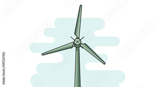 Stylized green wind turbine illustration on a white background with light blue cloud shapes