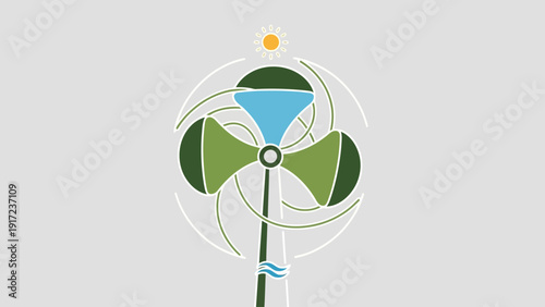 Stylized green windmill with blue water reservoir under a yellow sun