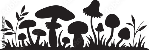 Black Silhouette Mushrooms and Plants on White Background