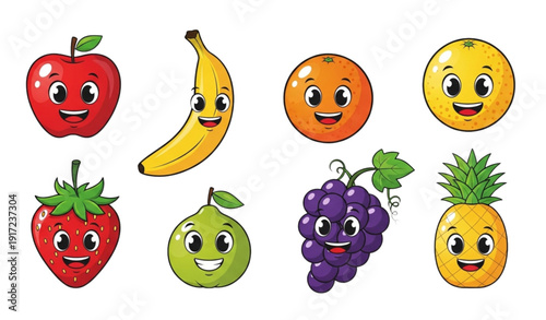 A colorful vector illustration of smiling cartoon fruits on a white background