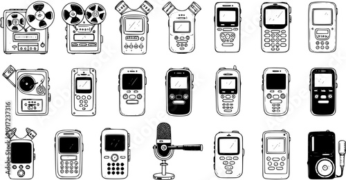 Hand-drawn collection of diverse audio recording devices: vintage reel-to-reel, digital recorders, mobile phones, and microphones.