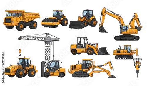 A collection of heavy construction equipment in yellow and black colors