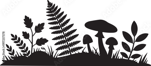 Black silhouette of ferns and mushrooms on white background