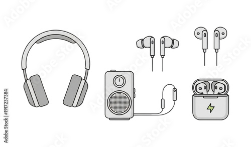 A vector graphic illustration of various audio devices and accessories