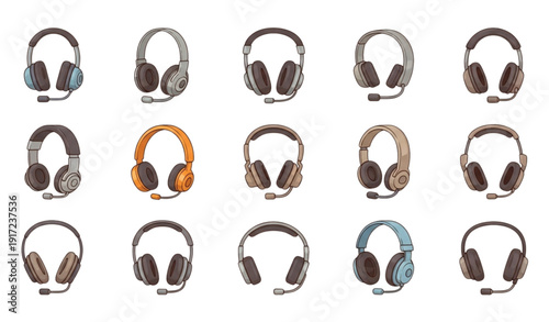A collection of various colorful headphones on a white background