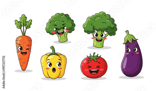 A colorful vector illustration of smiling vegetables and fruits