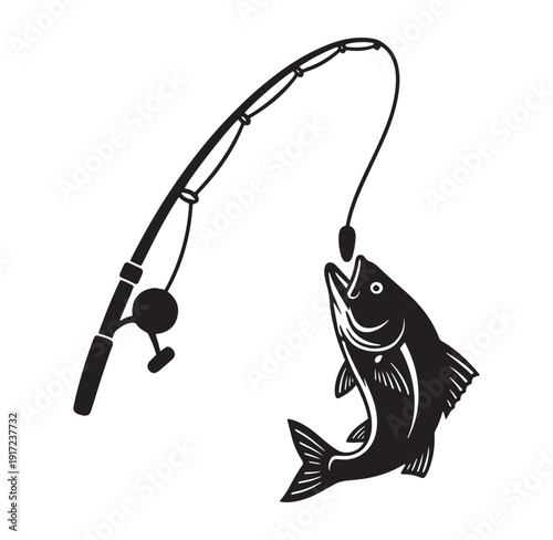 black and white illustration of a fish on a fishing line caught by a fishing rod