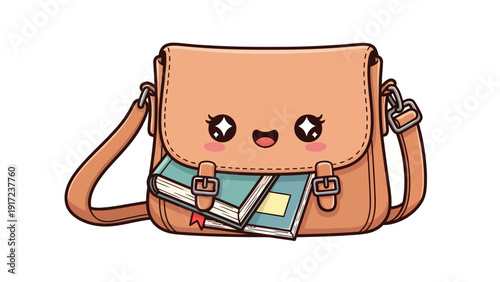 Kawaii satchel bag with visible books and cute facial expression