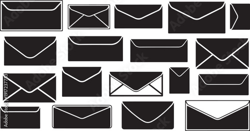 Collection of various black and white envelope illustrations