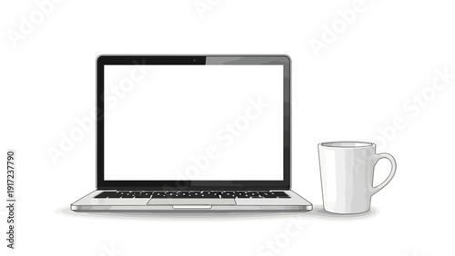 Laptop with blank screen beside a white coffee mug on a white surface